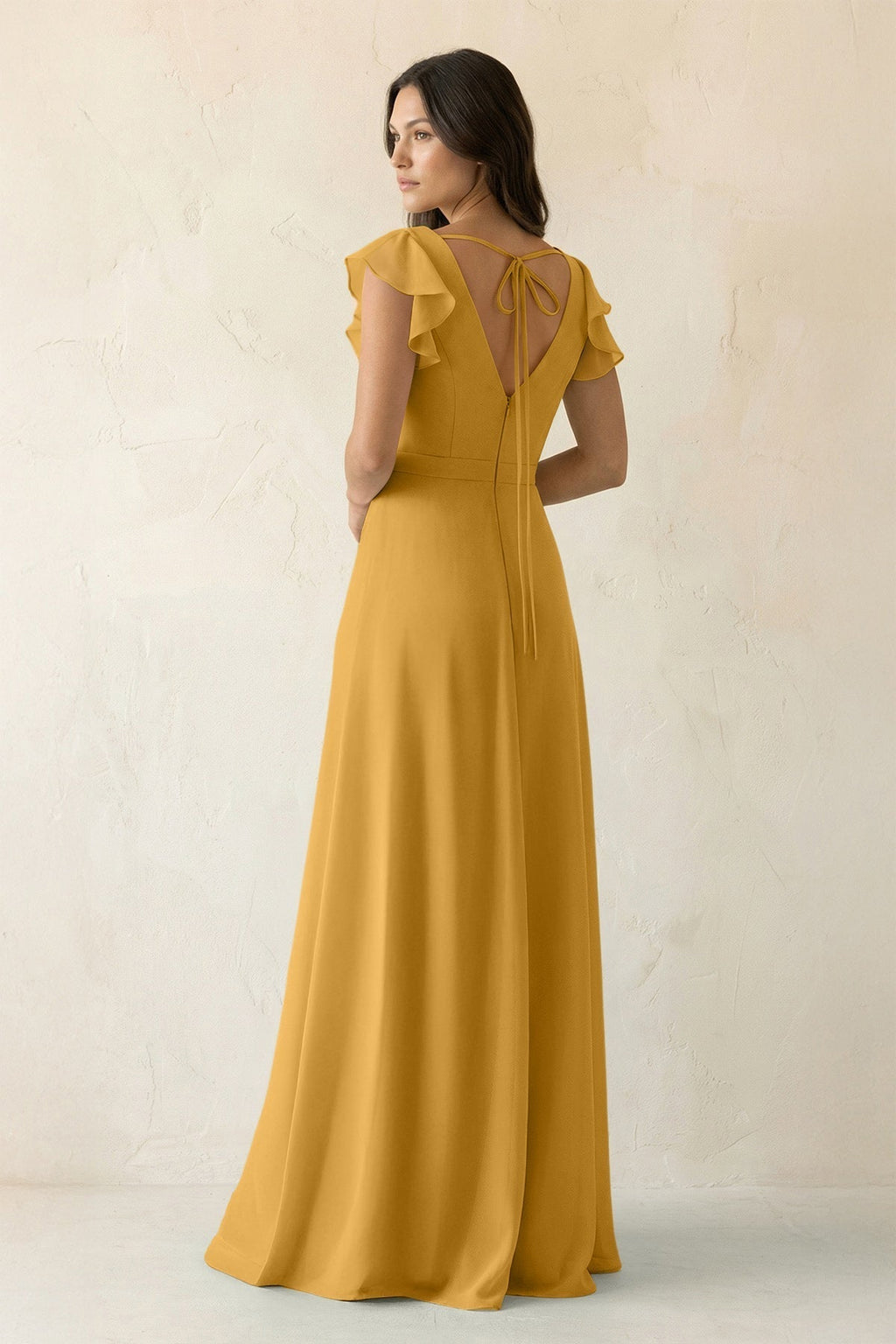 V-Neck Ruffled A-Line Chiffon Bridesmaid Dress in Marigold