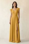 V-Neck Ruffled A-Line Chiffon Bridesmaid Dress in Marigold