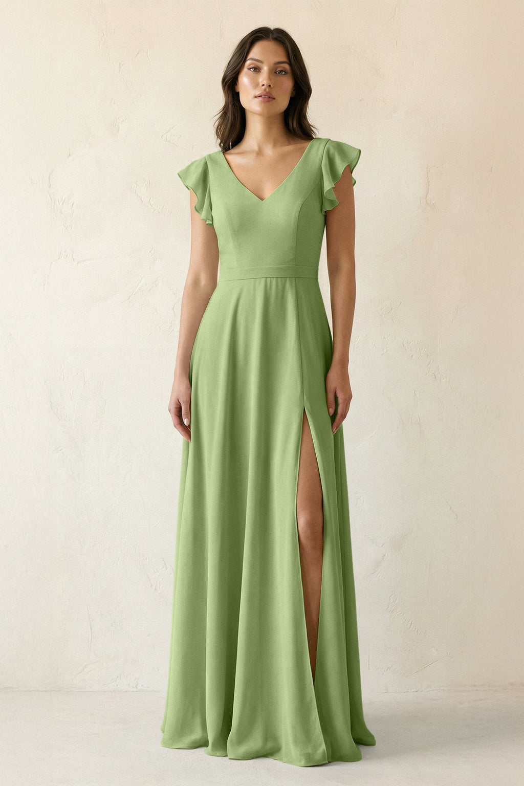 V-Neck Ruffled A-Line Chiffon Bridesmaid Dress in Matcha