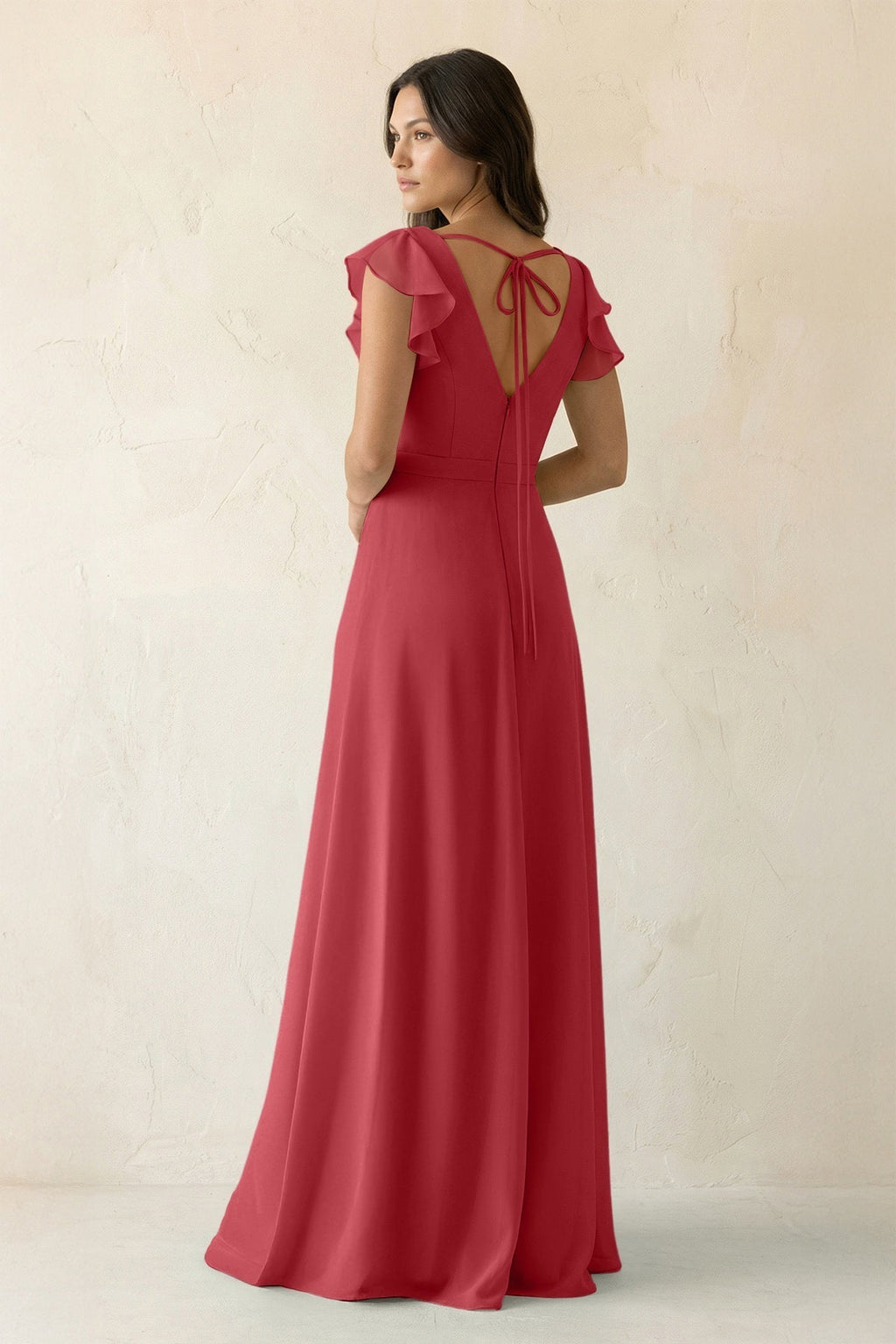V-Neck Ruffled A-Line Chiffon Bridesmaid Dress in Merlot