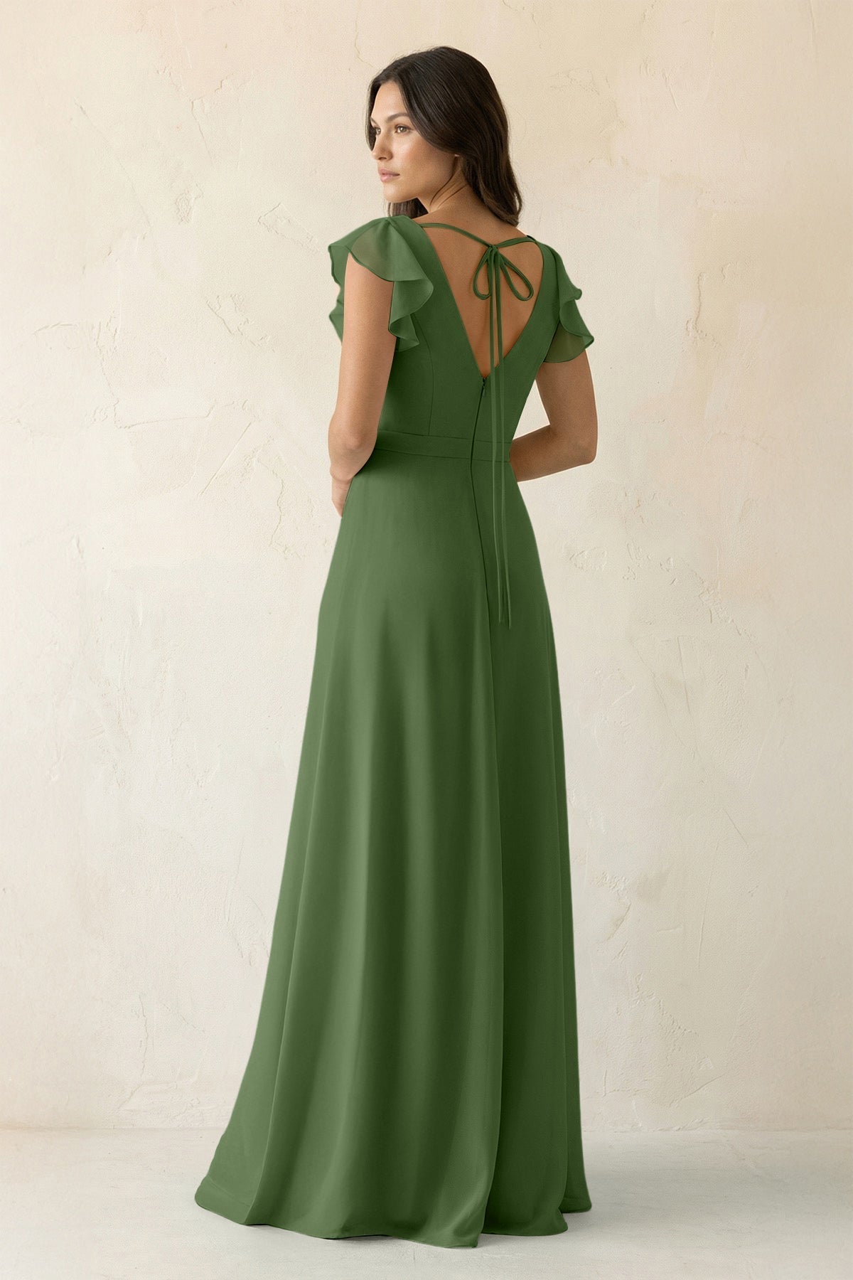 V-Neck Ruffled A-Line Chiffon Bridesmaid Dress in Moss
