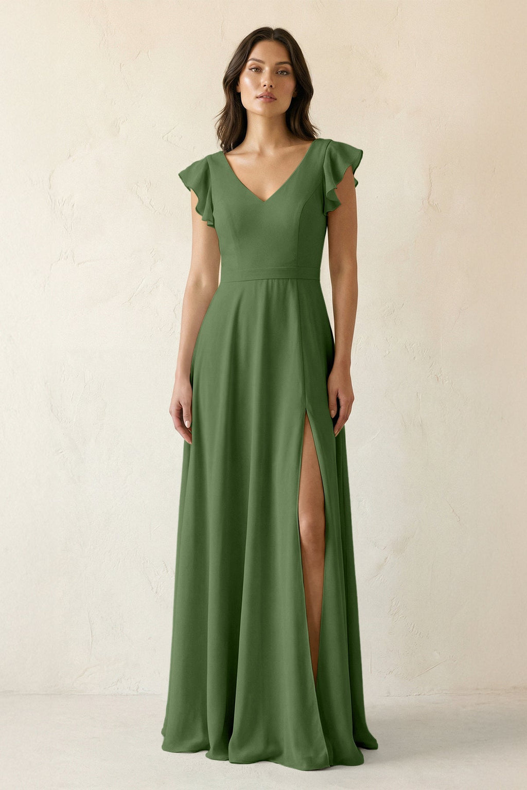 V-Neck Ruffled A-Line Chiffon Bridesmaid Dress in Moss