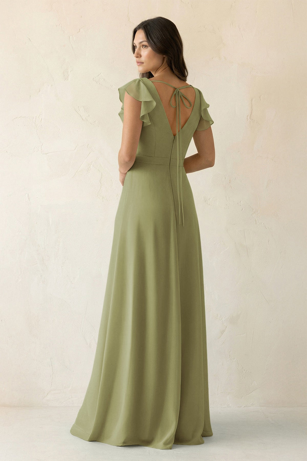V-Neck Ruffled A-Line Chiffon Bridesmaid Dress in Moss Green