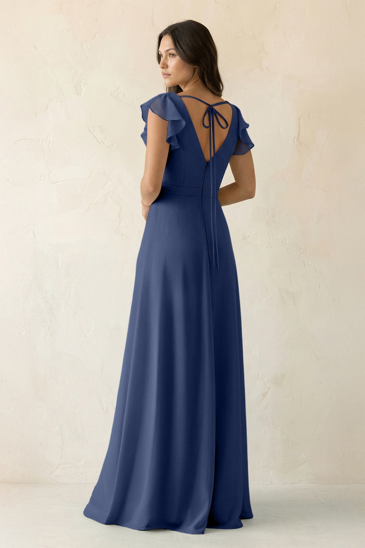 V-Neck Ruffled A-Line Chiffon Bridesmaid Dress in Navy