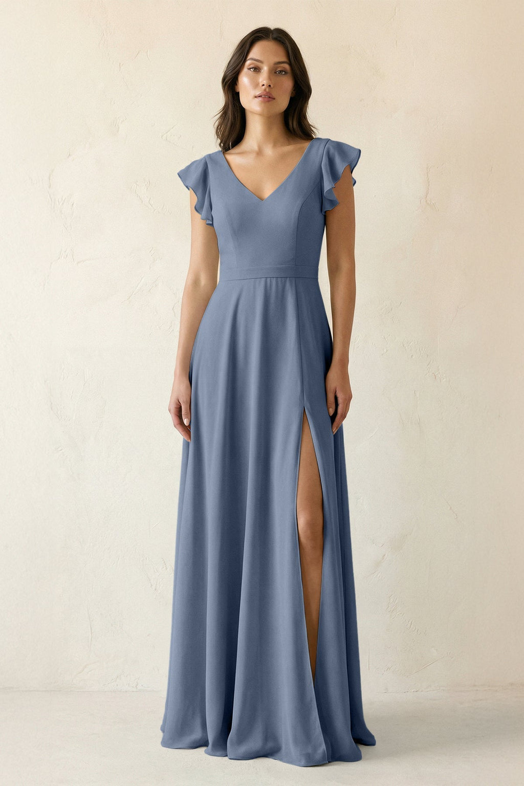 V-Neck Ruffled A-Line Chiffon Bridesmaid Dress in Neptune