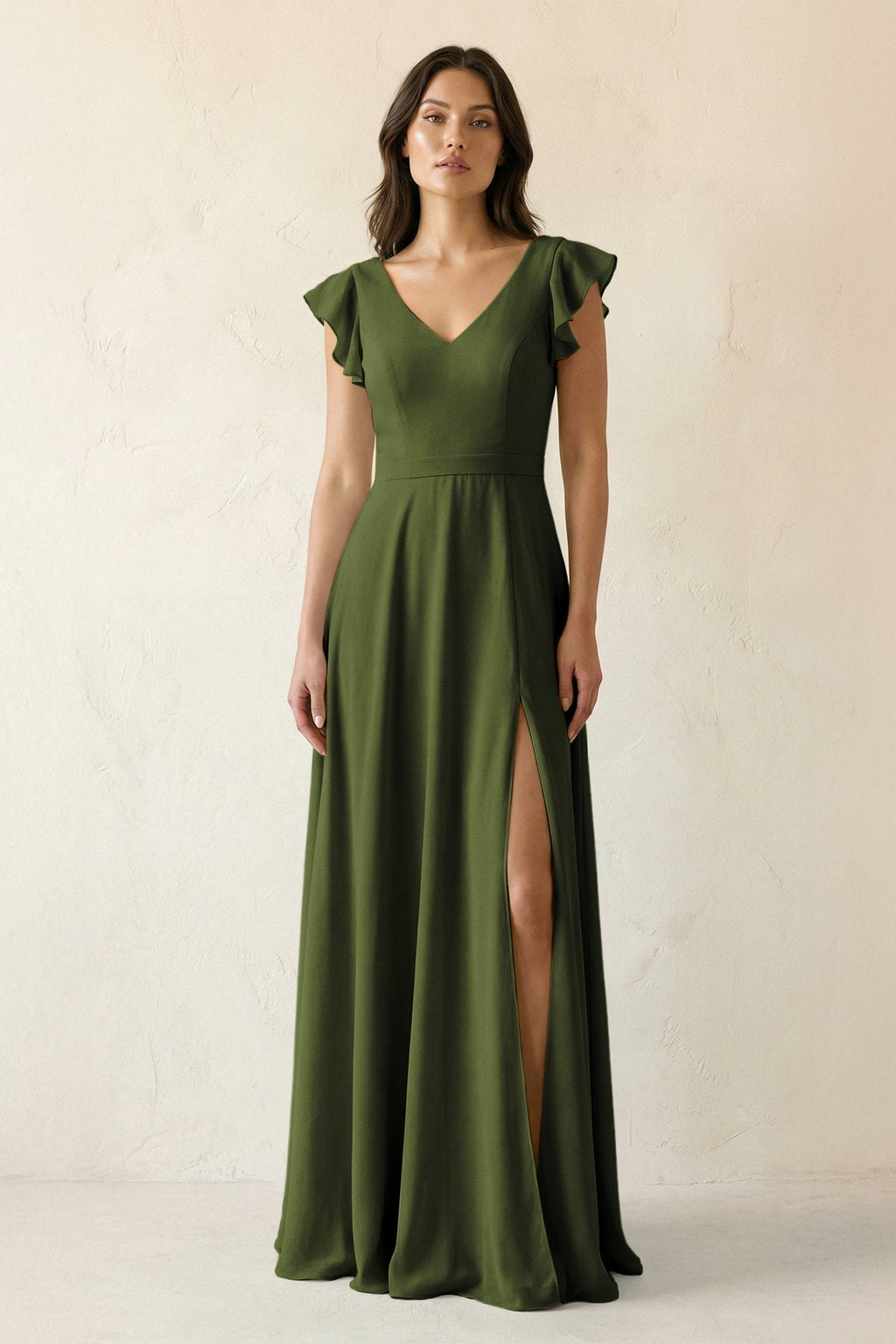 V-Neck Ruffled A-Line Chiffon Bridesmaid Dress in Olive