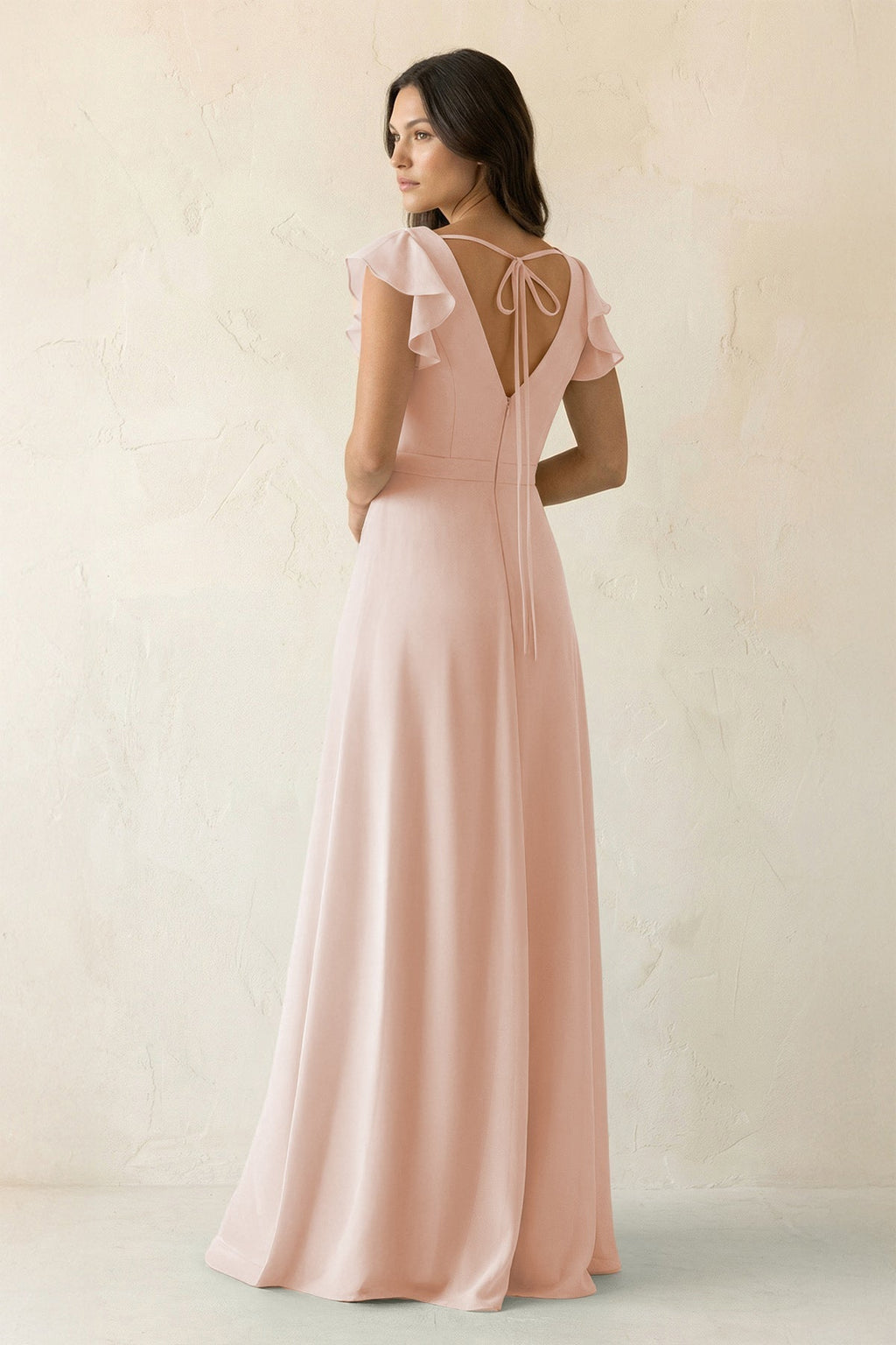 V-Neck Ruffled A-Line Chiffon Bridesmaid Dress in Pale Blush