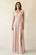 V-Neck Ruffled A-Line Chiffon Bridesmaid Dress in Pale Blush
