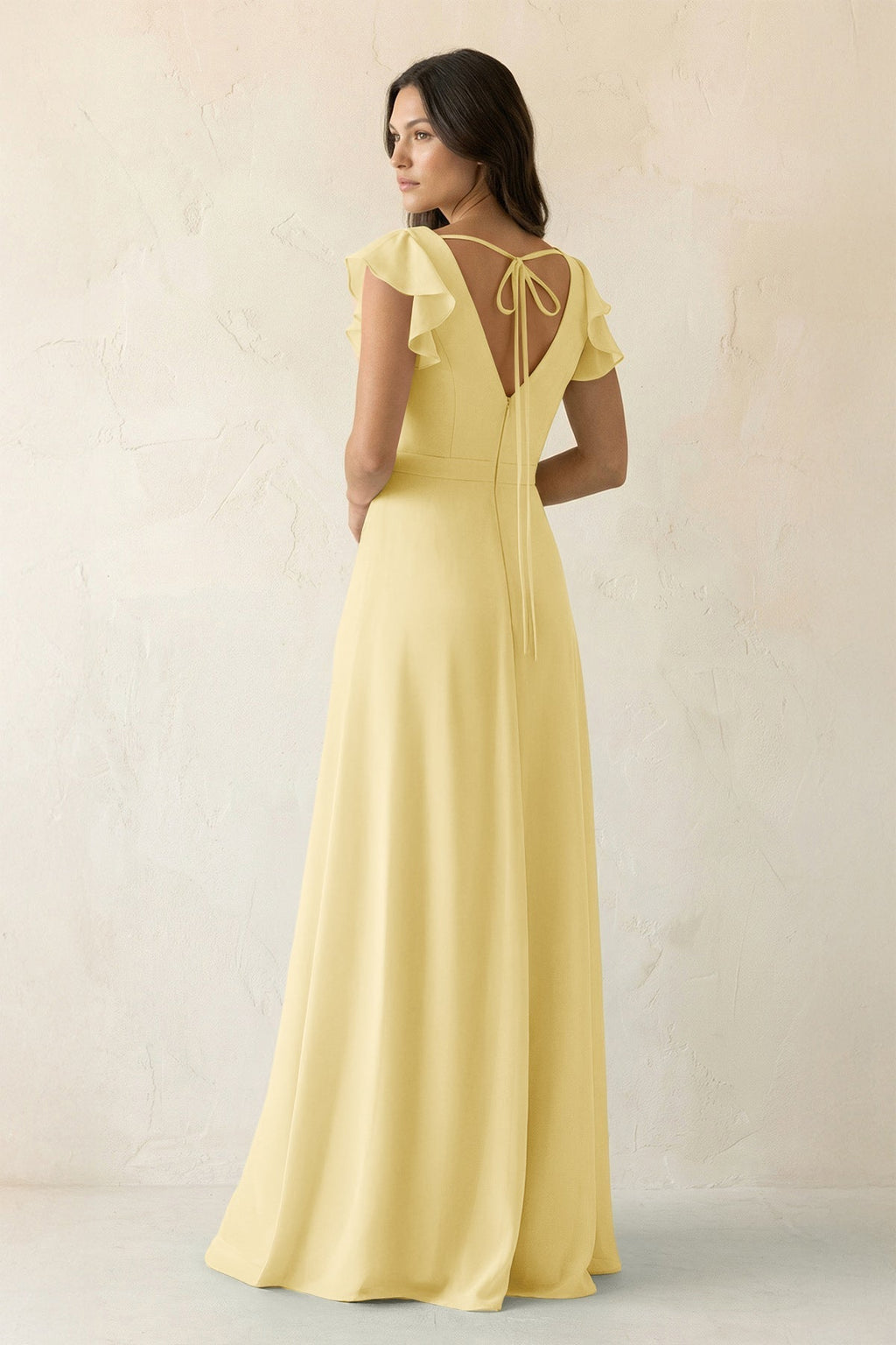 V-Neck Ruffled A-Line Chiffon Bridesmaid Dress in Pastel Yellow
