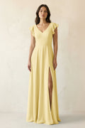 V-Neck Ruffled A-Line Chiffon Bridesmaid Dress in Pastel Yellow