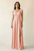 V-Neck Ruffled A-Line Chiffon Bridesmaid Dress in Rose Petal