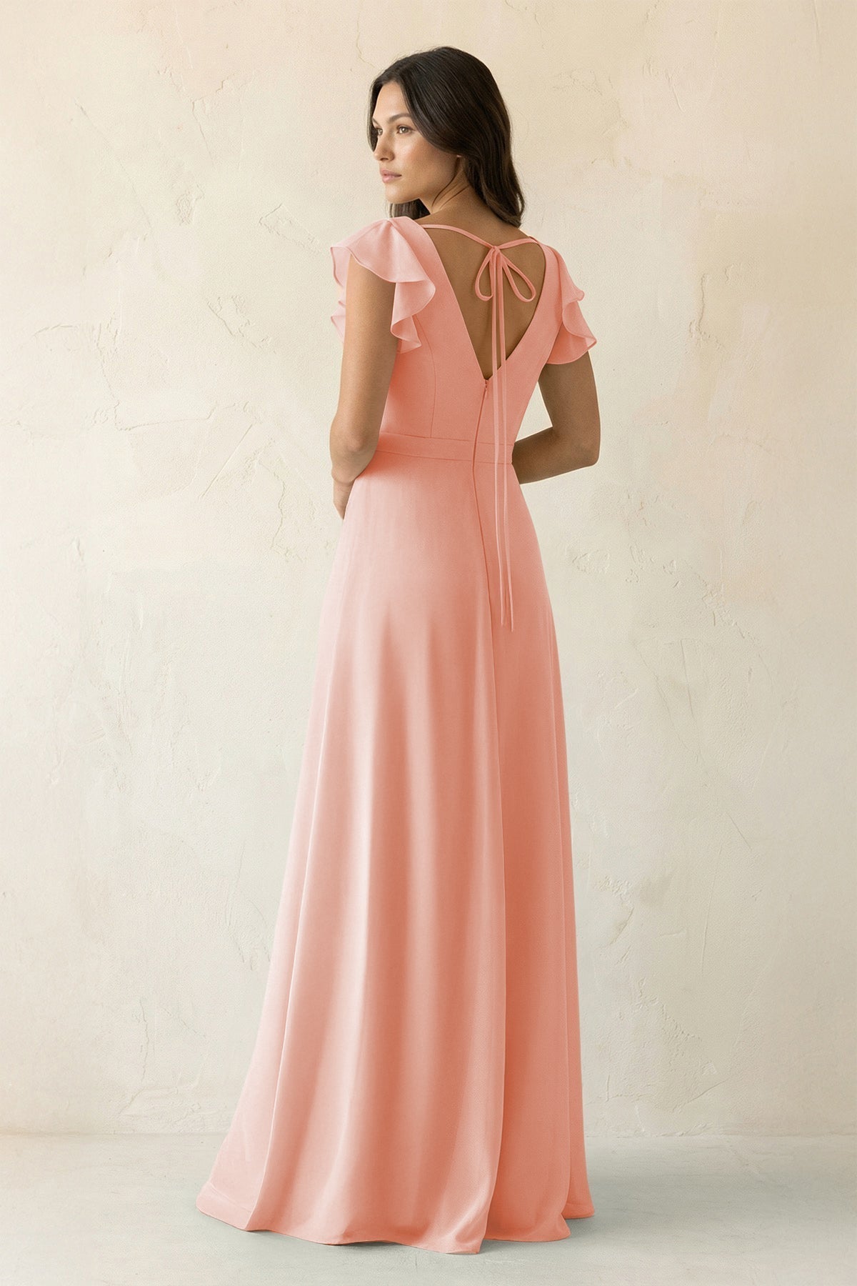 V-Neck Ruffled A-Line Chiffon Bridesmaid Dress in Rose Petal