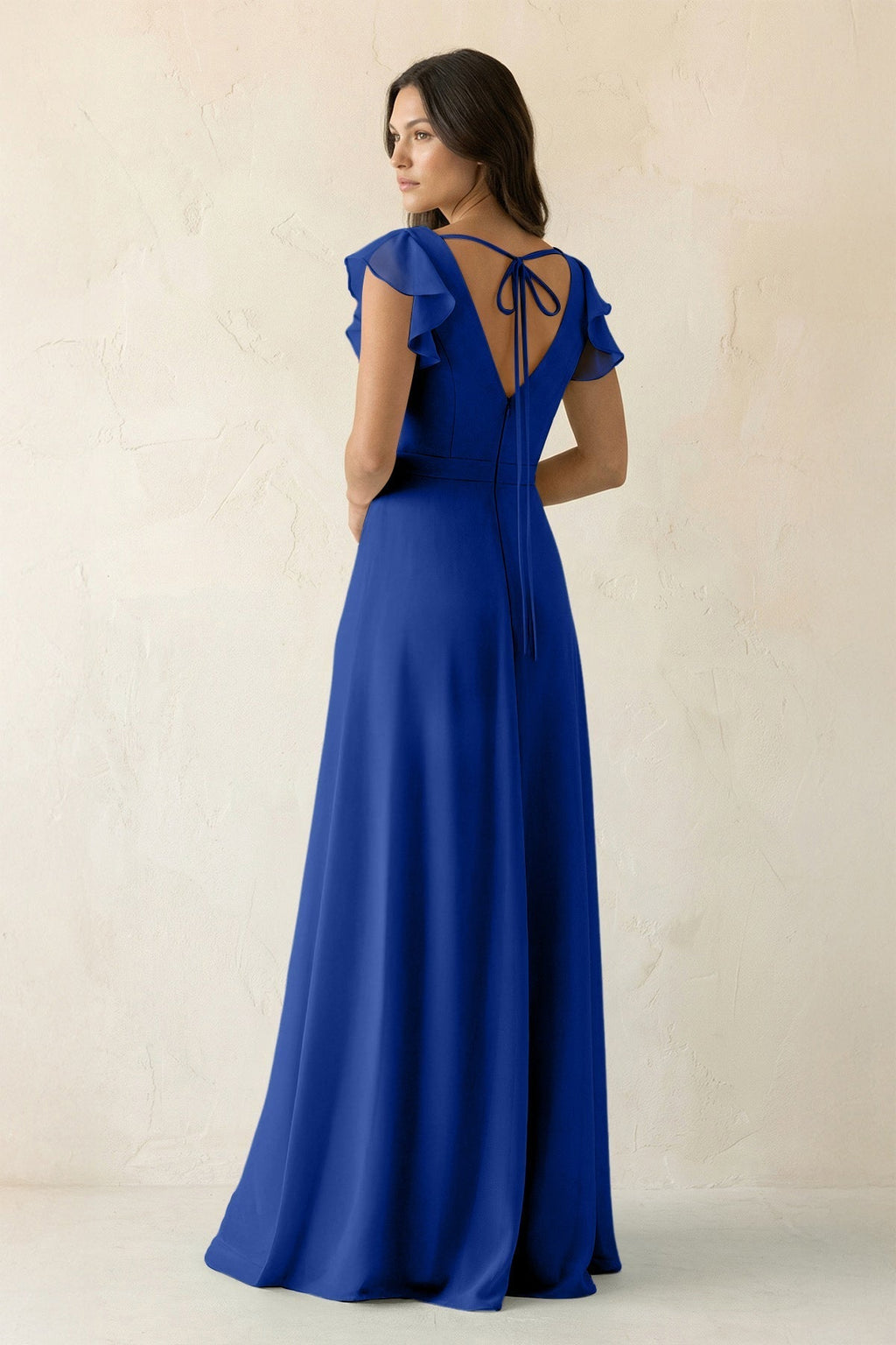 V-Neck Ruffled A-Line Chiffon Bridesmaid Dress in Royal Blue