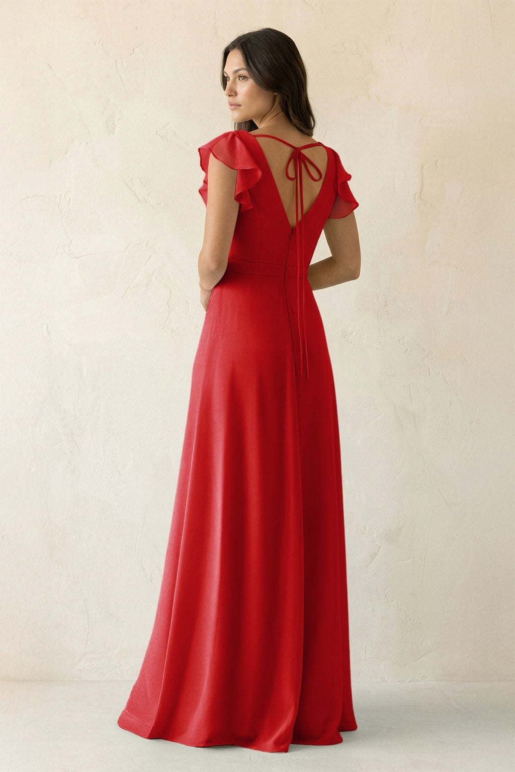 V-Neck Ruffled A-Line Chiffon Bridesmaid Dress in Ruby Red