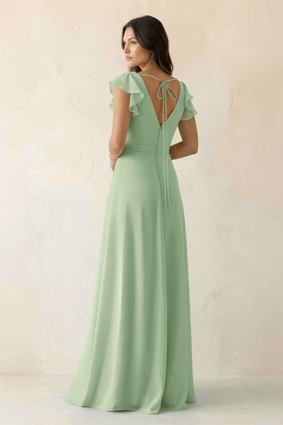 V-Neck Ruffled A-Line Chiffon Bridesmaid Dress in Sage