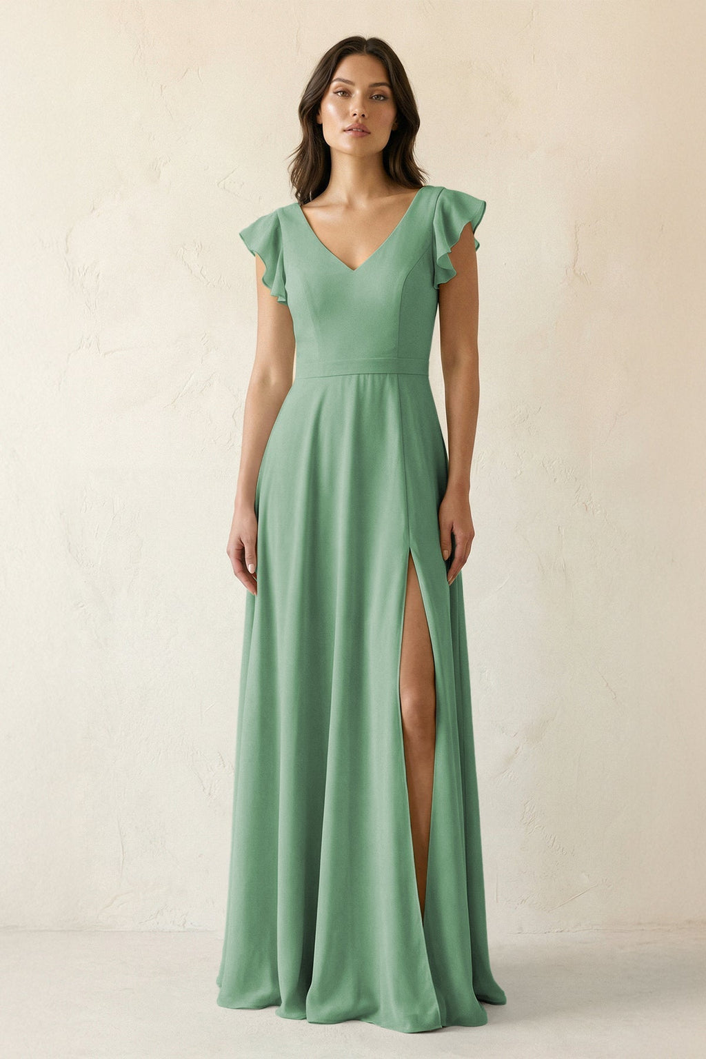 V-Neck Ruffled A-Line Chiffon Bridesmaid Dress in Sea Glass