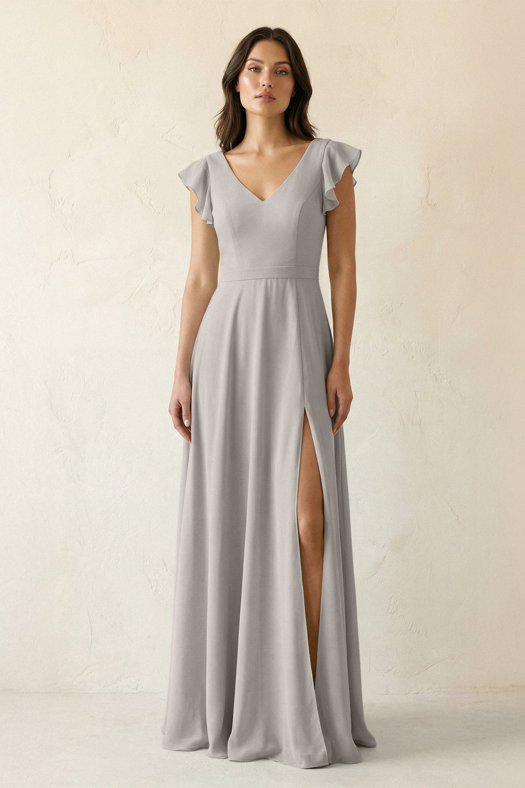 V-Neck Ruffled A-Line Chiffon Bridesmaid Dress in Silver