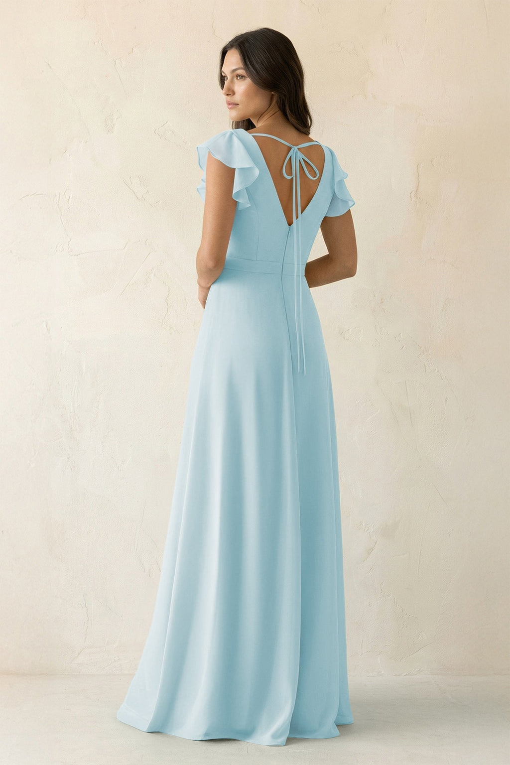 V-Neck Ruffled A-Line Chiffon Bridesmaid Dress in Sky Blue