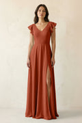 V-Neck Ruffled A-Line Chiffon Bridesmaid Dress in Spice