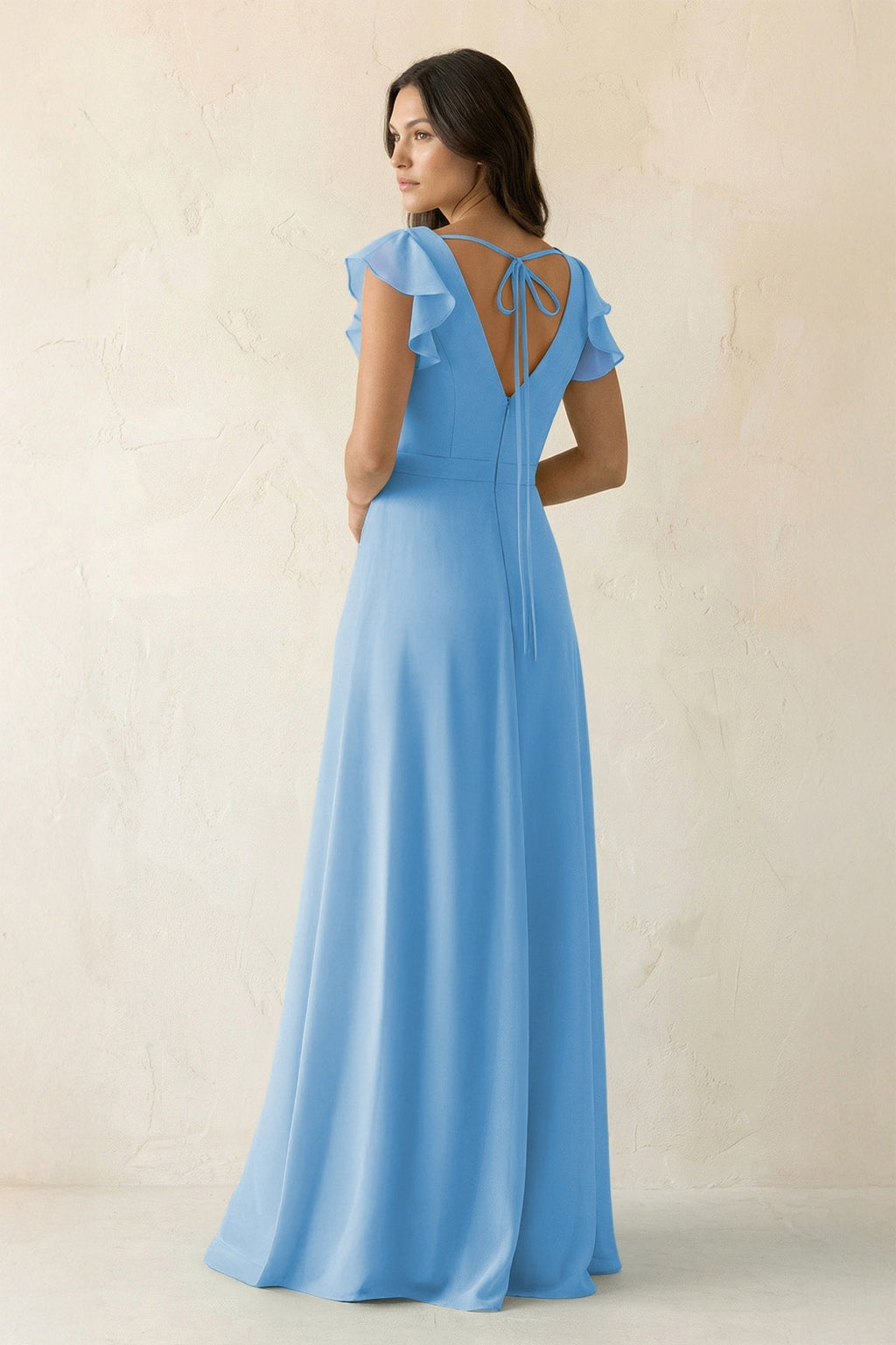 V-Neck Ruffled A-Line Chiffon Bridesmaid Dress in Steel Blue