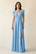 V-Neck Ruffled A-Line Chiffon Bridesmaid Dress in Steel Blue