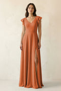 V-Neck Ruffled A-Line Chiffon Bridesmaid Dress in Terracotta