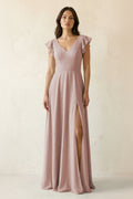 V-Neck Ruffled A-Line Chiffon Bridesmaid Dress in Toffee