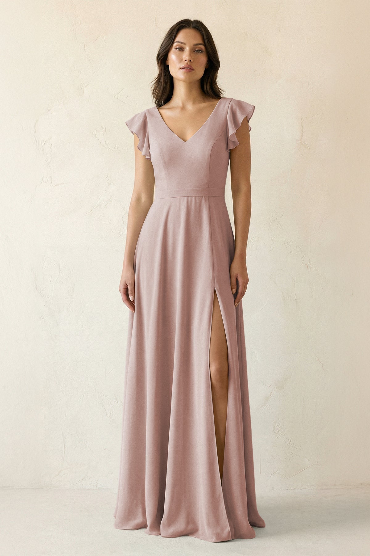 V-Neck Ruffled A-Line Chiffon Bridesmaid Dress in Toffee