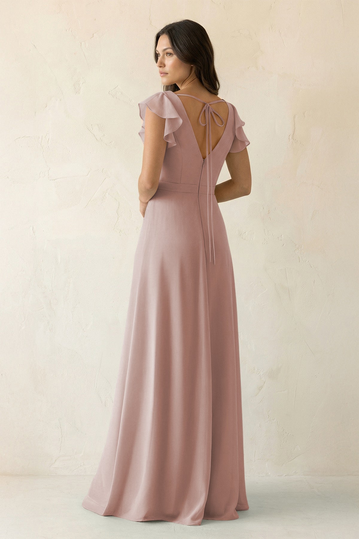 V-Neck Ruffled A-Line Chiffon Bridesmaid Dress in Toffee