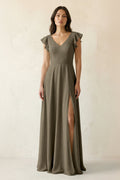 V-Neck Ruffled A-Line Chiffon Bridesmaid Dress in Willow Green