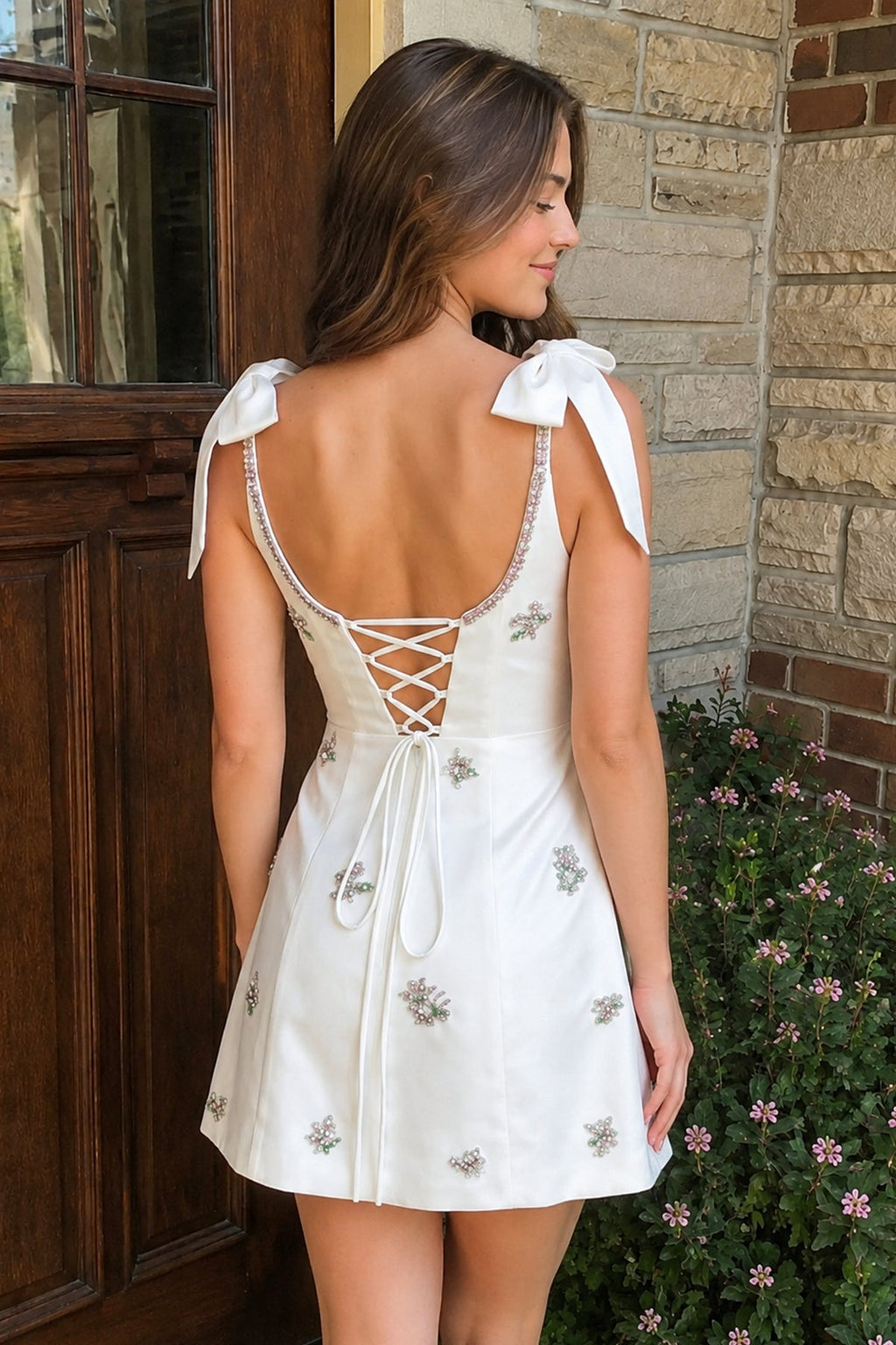 White Scoop Neck A-Line Satin Beaded Homecoming Dress with Bow
