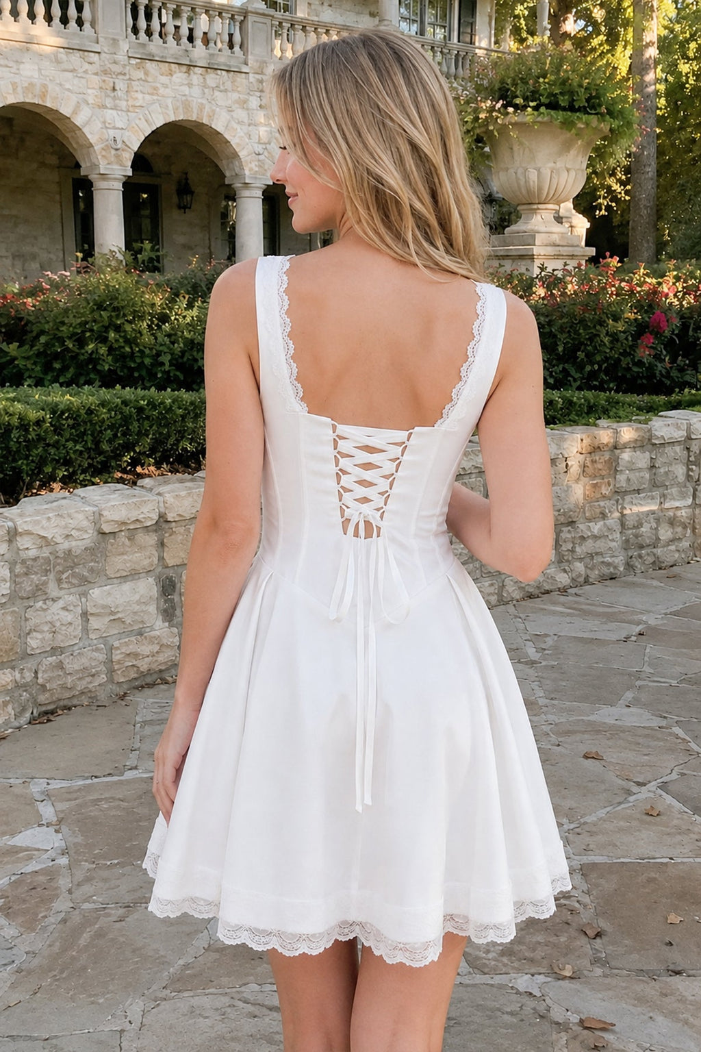 White Scoop Neck Lace Ruched A-Line Satin Homecoming Dress