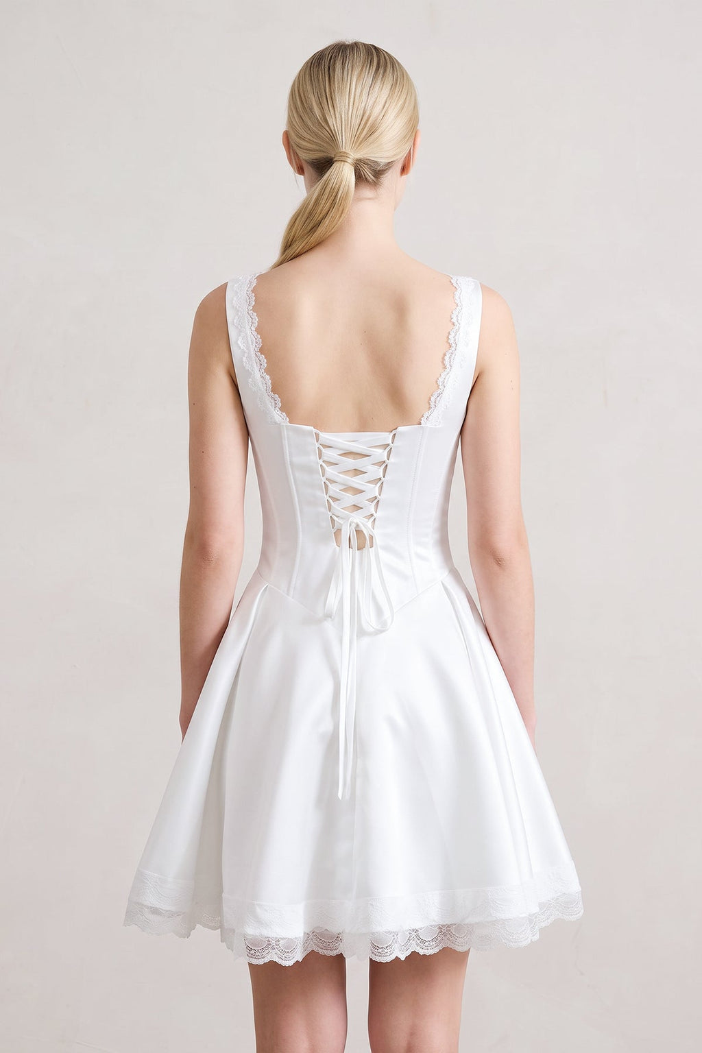 White Scoop Neck Lace Ruched A-Line Satin Homecoming Dress