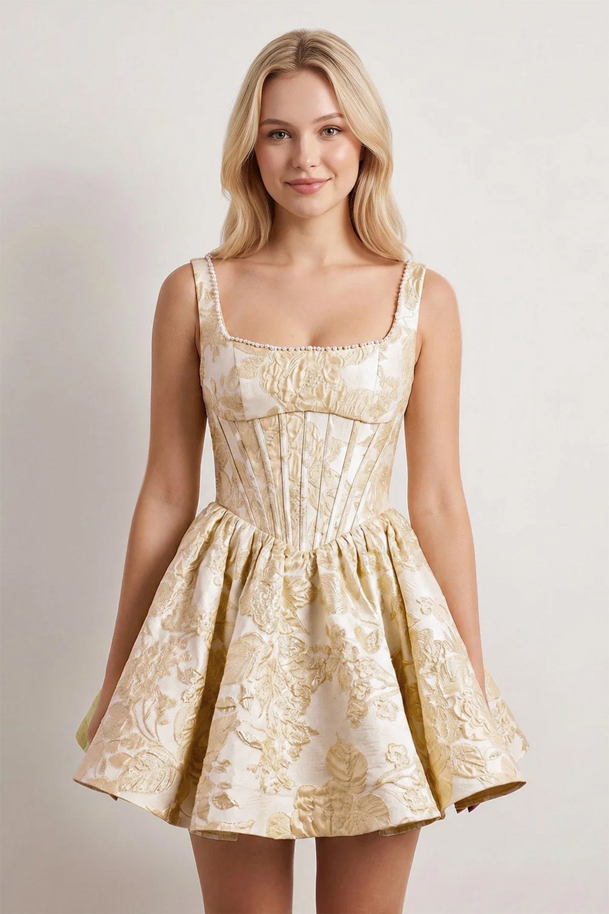 Blue A-Line Square Neck Jacquard Corset Homecoming Dress With Pearl