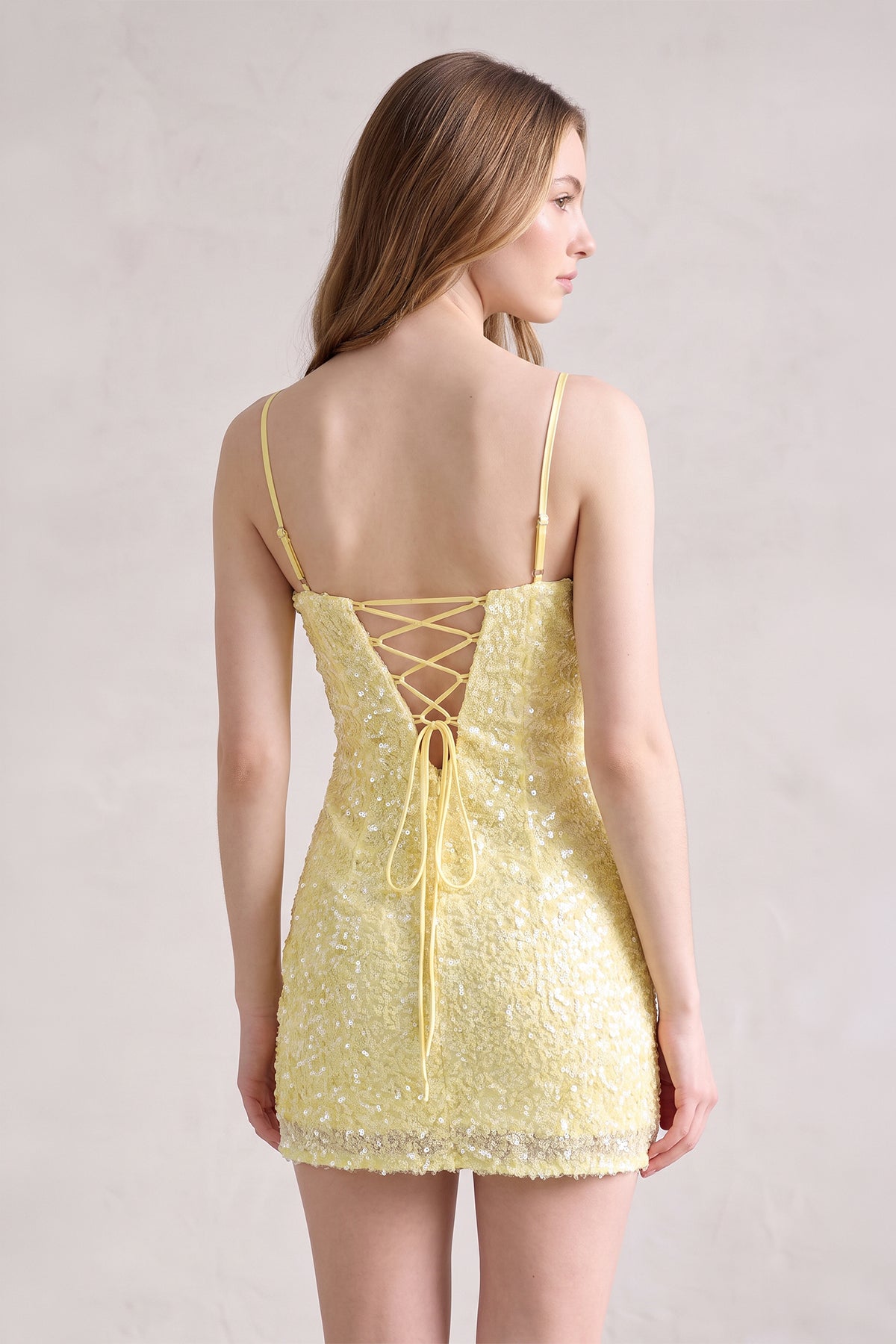 Yellow Bodycon Spaghetti Straps Short Homecoming Dress With Sequins