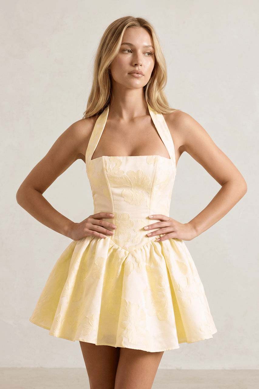Yellow Halter Jacquard Ruched A-Line Homecoming Dress