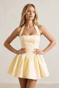 Yellow Halter Jacquard Ruched A-Line Homecoming Dress