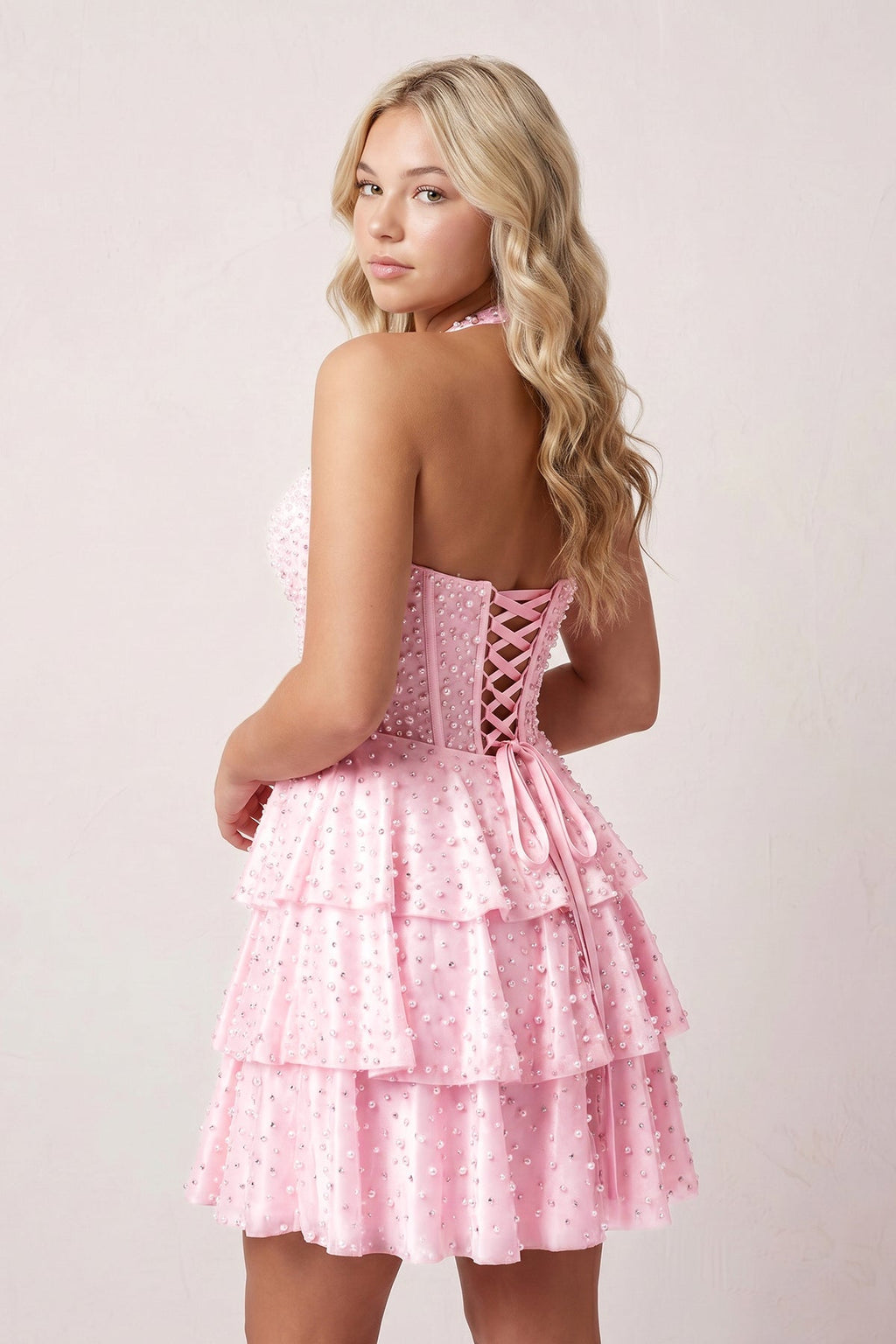 Yellow Halter Tiered Satin A-Line Corset Homecoming Dress With Pearl