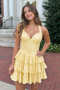 Yellow Halter Tiered Satin A-Line Corset Homecoming Dress With Pearl