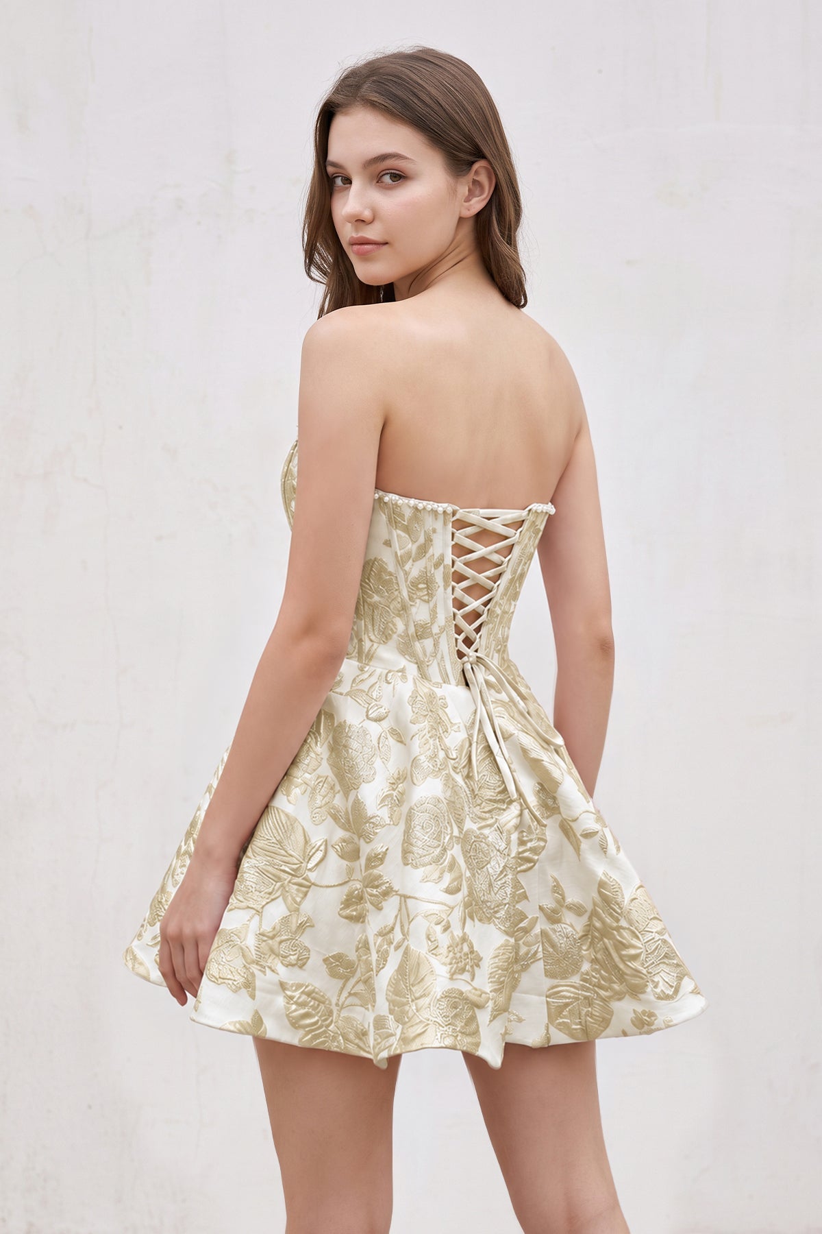 Pink Jacquard A-Line Strapless Corset Homecoming Dress With Pearl
