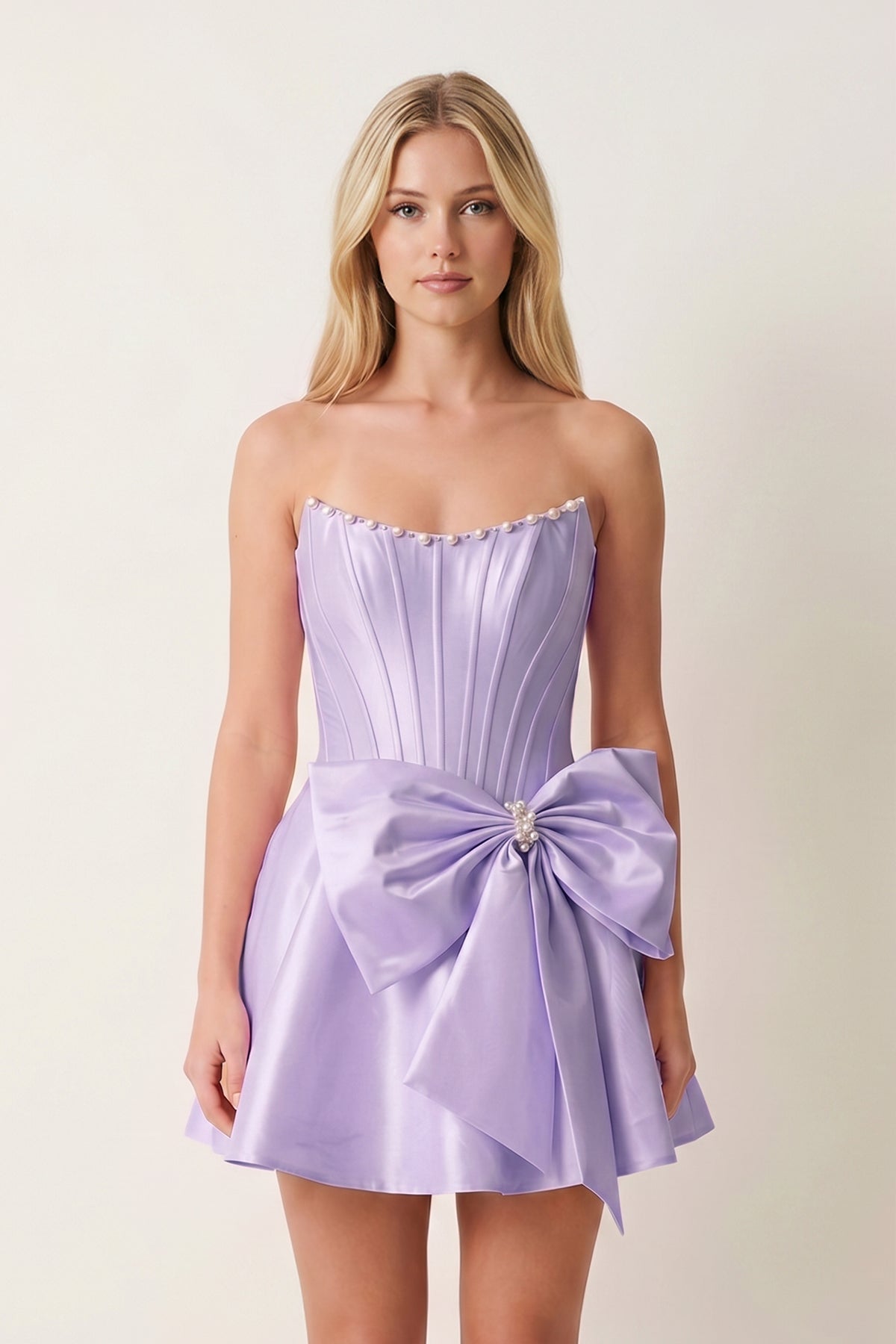 Yellow Satin Strapless A-Line Corset Pearl Homecoming Dress With Bowknot