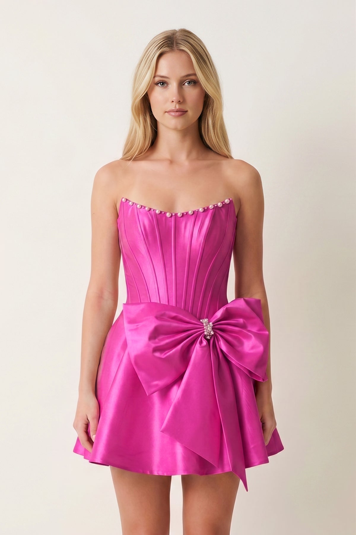 Yellow Satin Strapless A-Line Corset Pearl Homecoming Dress With Bowknot