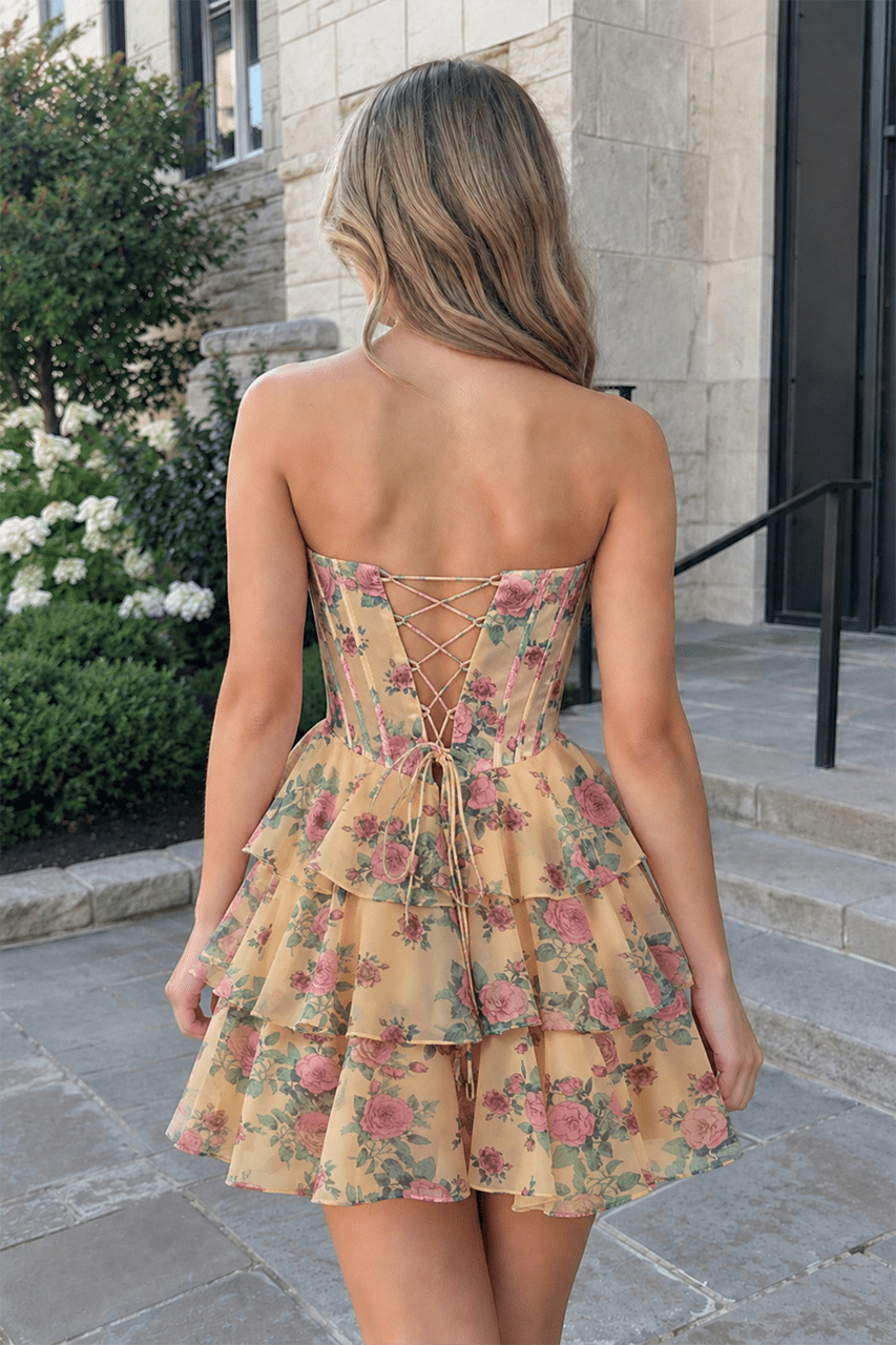Pink Strapless A-Line Floral Corset Homecoming Dress