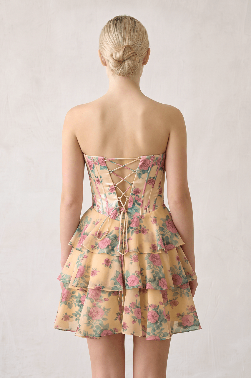 Pink Strapless A-Line Floral Corset Homecoming Dress