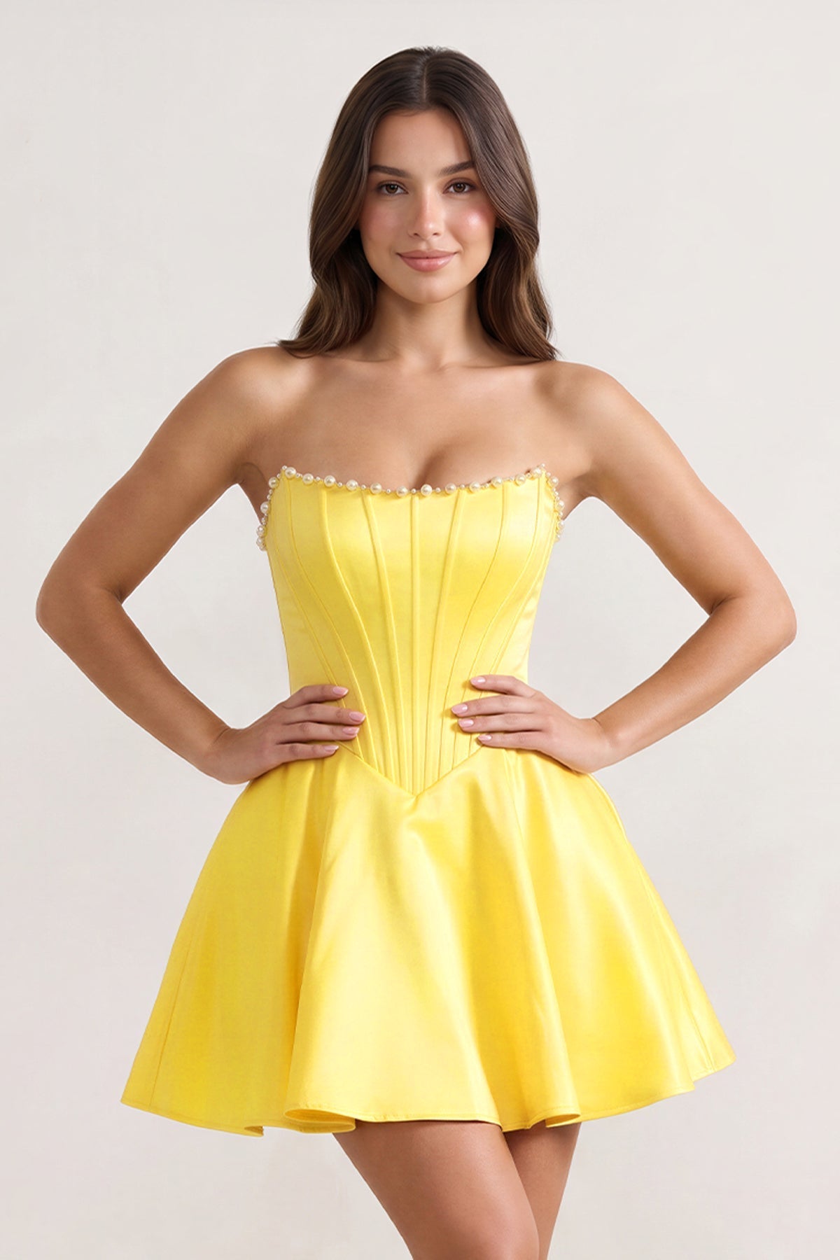 Yellow Strapless A-Line Satin Corset Homecoming Dress With Pearl