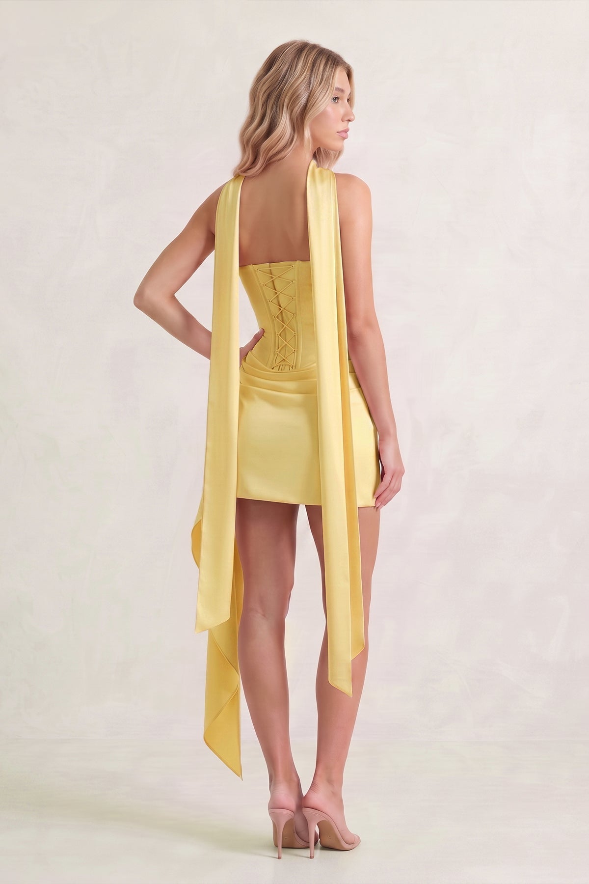 Yellow Strapless Bodycon Satin Corset Homecoming Dress With Ribbon