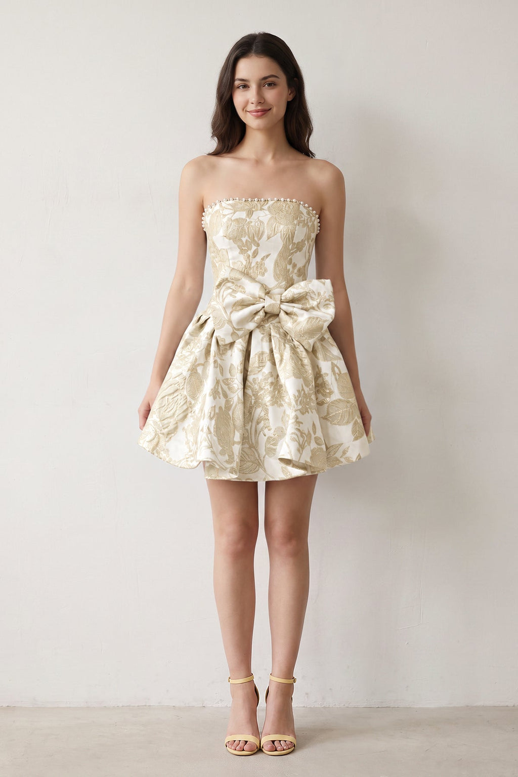 Blue Flower Jacquard Strapless A-Line Bowknot Homecoming Dress With Pearl